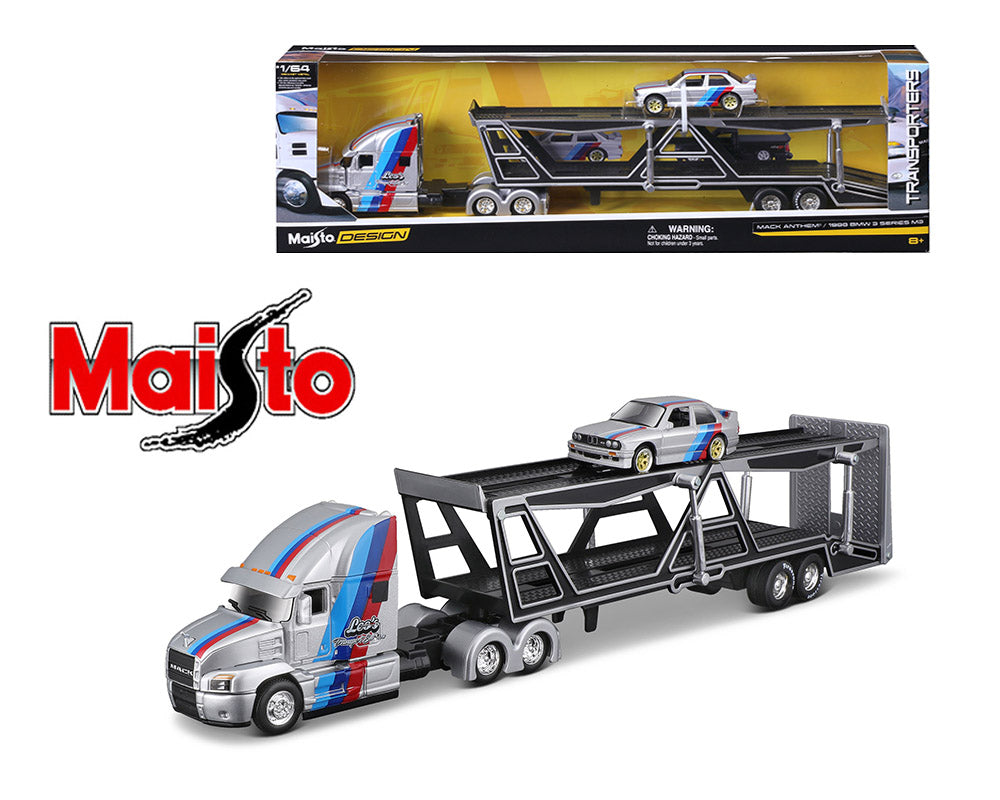 Maisto 1:64 Mack Transporter Open Trailer w/ BMW E30 M3 – Silver – Design Transporters