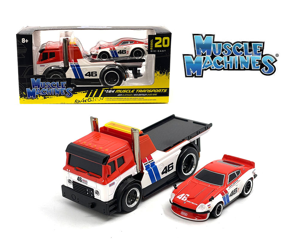 Muscle Machines 1:64 JDM Flatbed & 1972 Datsun 240Z BRE – White – Muscle Transports Model 20