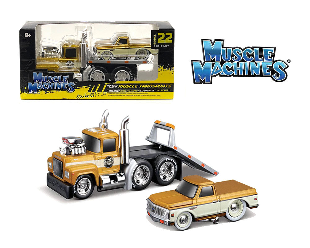 Muscle Machines 1:64 Mack Flatbed & 1972 Chevrolet C10 Pickup – Gold – Muscle Transports Model 22