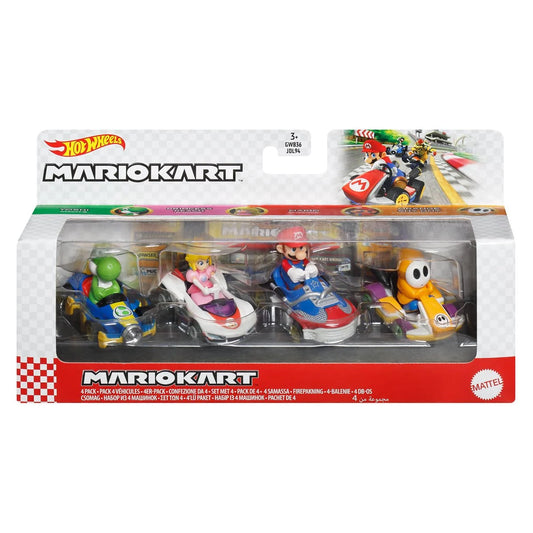 Mario Kart Hot Wheels 2025 Mix 1 Vehicle 4-Pack - Yoshi Mach-8, Princess Peach P-Wing, Mario Sneeker and Orange Shy Guy Standard Kart