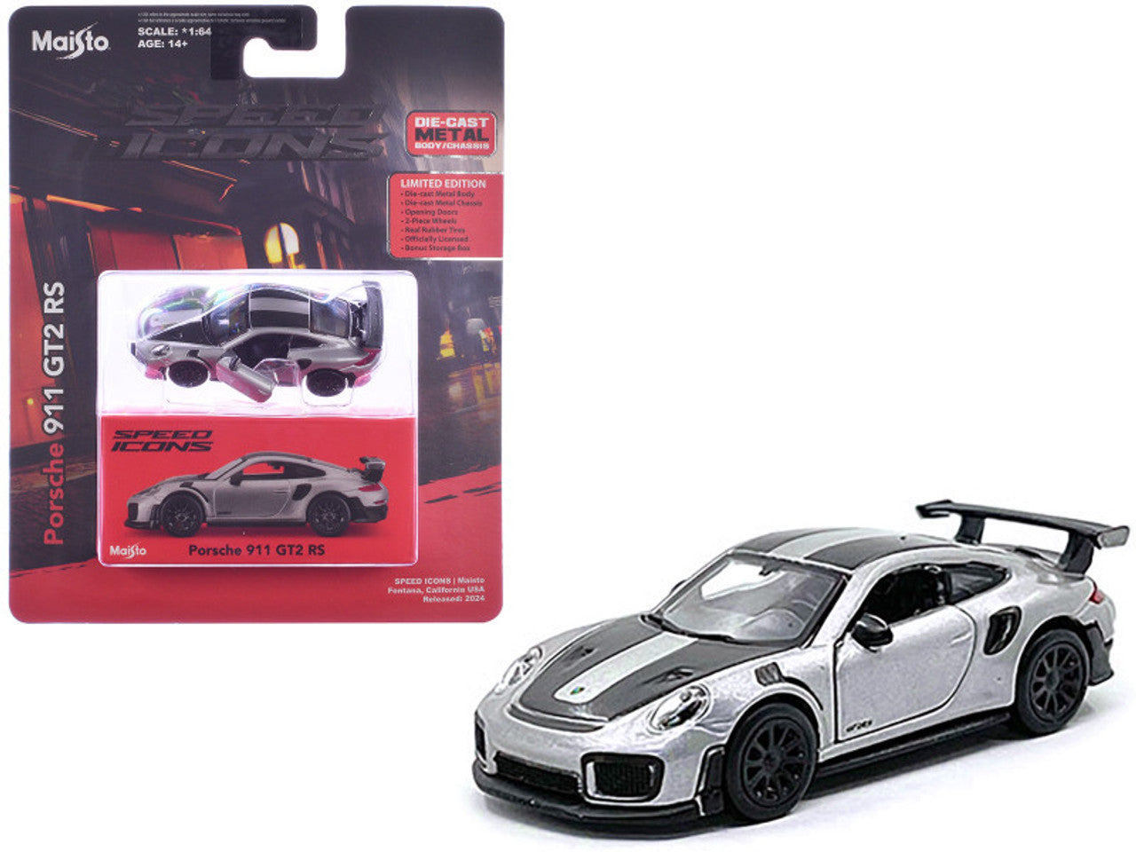 Maisto Porsche 911 GT2 RS Silver Metallic with Carbon Stripes "Speed Icons" Series 1/64