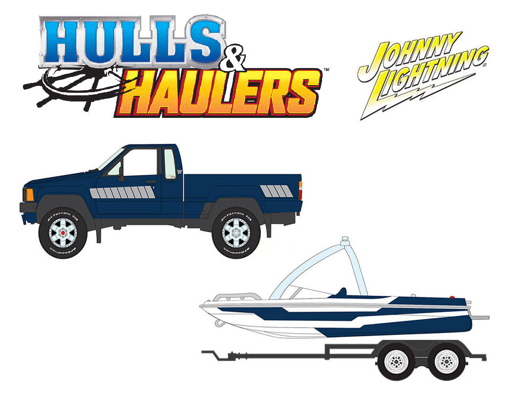 Johnny Lightning 1:64 Hulls & Haulers 1985 Toyota SR5 Pickup w/Malibu Speed Boat Trailer – Blue