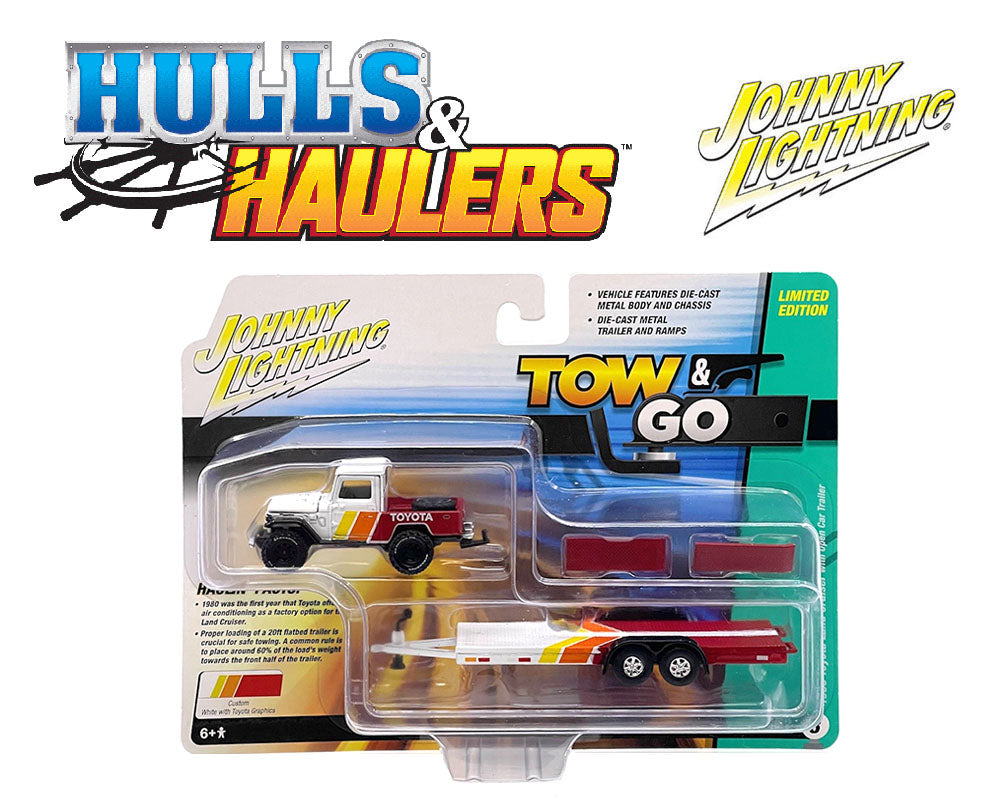 Johnny Lightning 1:64 Hulls & Haulers 1980 Toyota Land Cruiser FJ40  w/Open Car Trailer – White