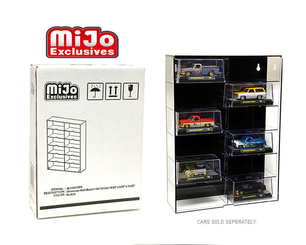 Showcase 1:64 12-Car Display Case Wall Mount Plastic Black Back Version With Cover (10.03″ x 3.03″ x 13.62″) – MiJo Exclusives