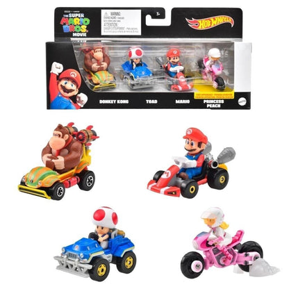 Hot Wheels Mario Kart 2024 Mix 1 4-Pack - Super Mario Bros Movie - Donkey Kong, Toad, Mario, Princess Peach